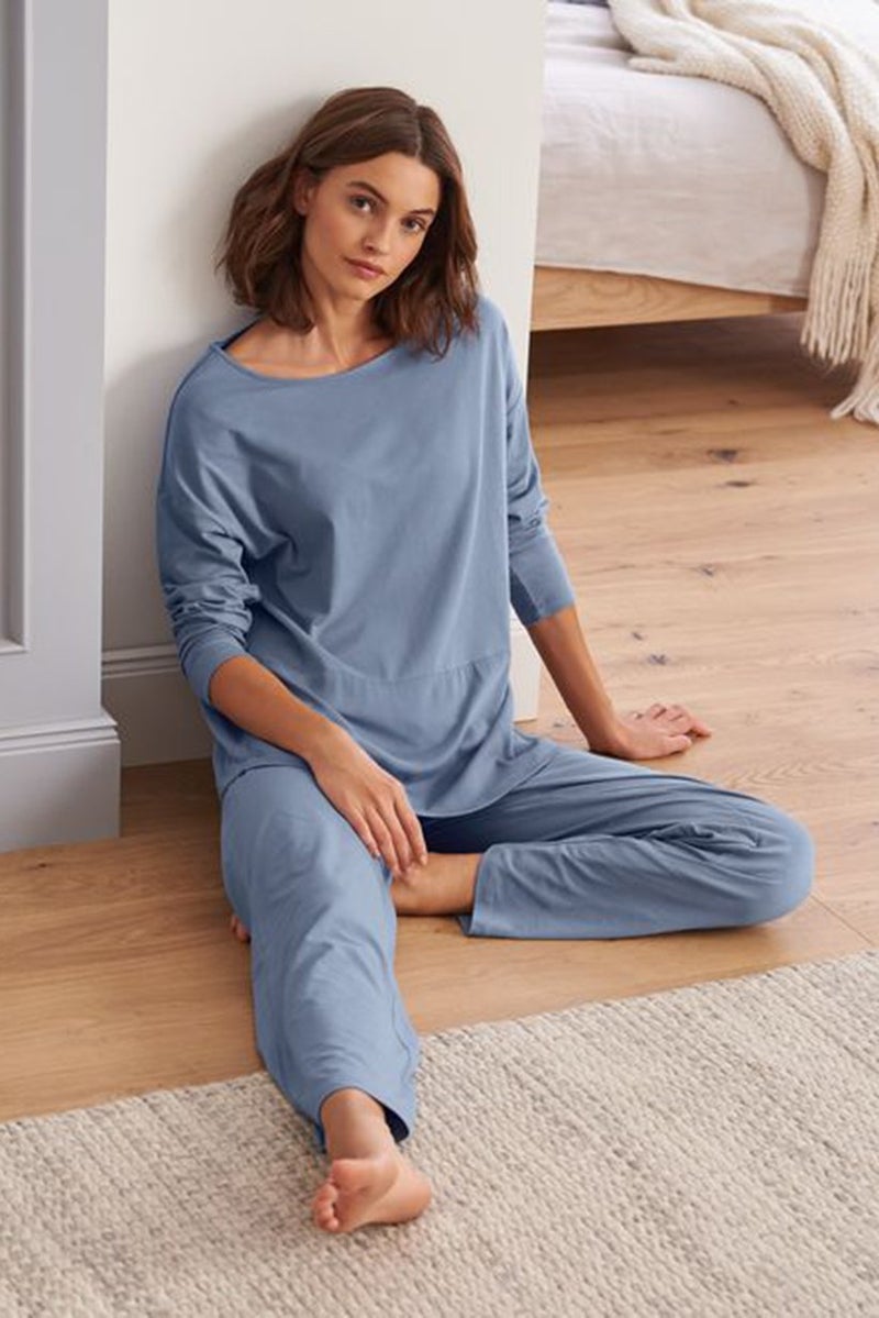 Tchibo Women Plain Long Sleeves Pajamas Set, Blue - Image 1